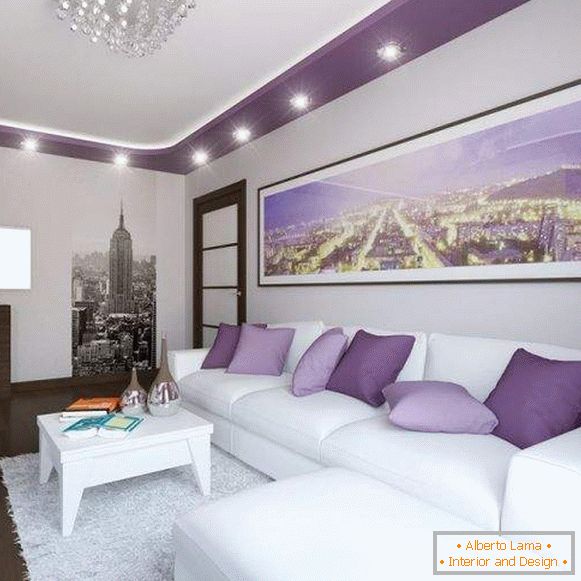 Design moderno della hall nell'appartamento в белом и фиолетовом цвете