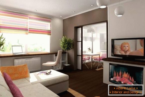 Il design della sala in appartamento con un camino e una vista della cucina
