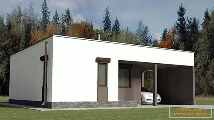 La casa ad un piano in stile high-tech con un piccolo posto auto coperto è un'opzione eccellente ed economica per gli immobili suburbani.