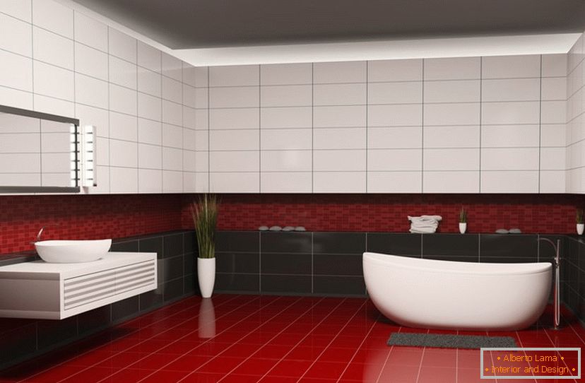 Piastrelle rosse, bianche e nere nel design del bagno