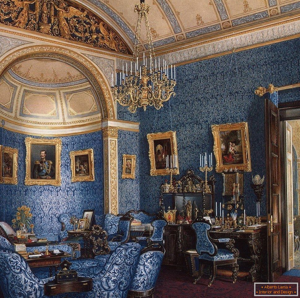 Interno con pareti e mobili blu