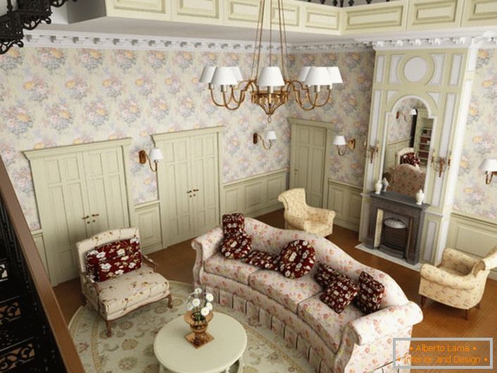 Soggiorno in stile country al primo piano di una grande casa in periferia. In accordo con lo stile, i mobili morbidi sono selezionati da un tessuto con motivi floreali.