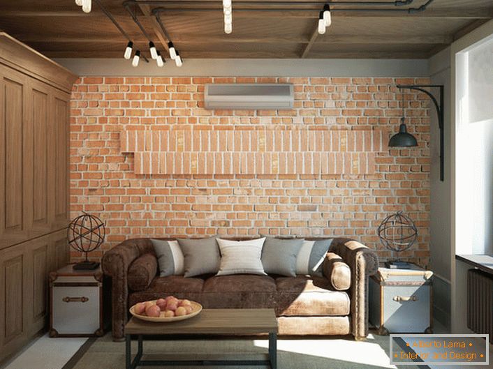 Un muro di mattoni è degno di nota. L'illuminazione è anche abbinata allo stile loft.