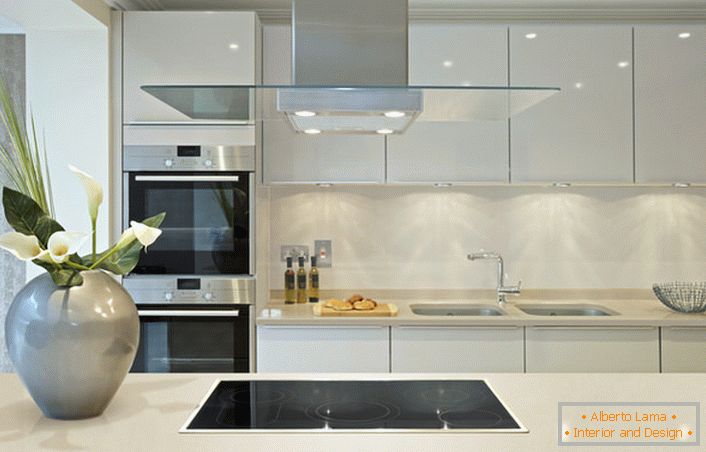 Le superfici lucide possono essere utilizzate per decorare la cucina in stile Art Nouveau. Il progetto di design è un'interessante combinazione audace di grigio e bianco, che non è peculiare dello stile moderno.