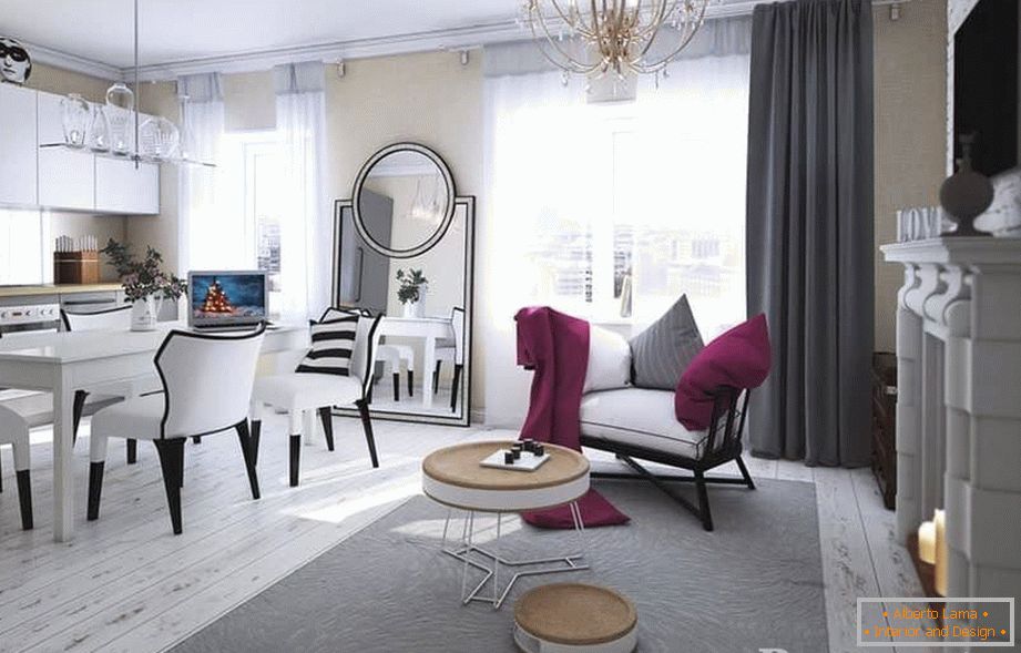 Cucina e soggiorno combinati in un unico spazio nello stile dei classici moderni