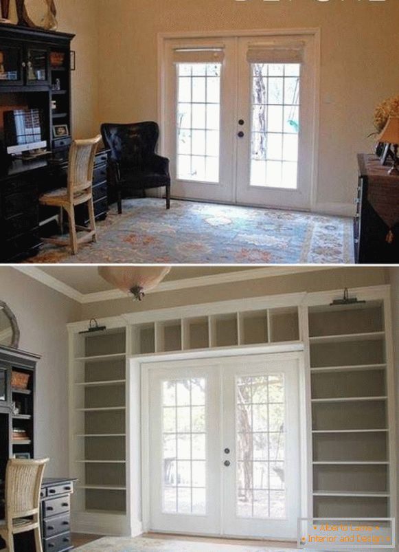 Interior design con scaffali prima e dopo