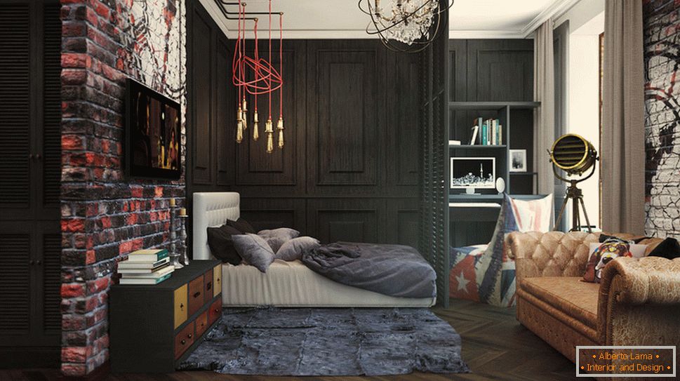 Camera da letto, studio e soggiorno in una piccola casa
