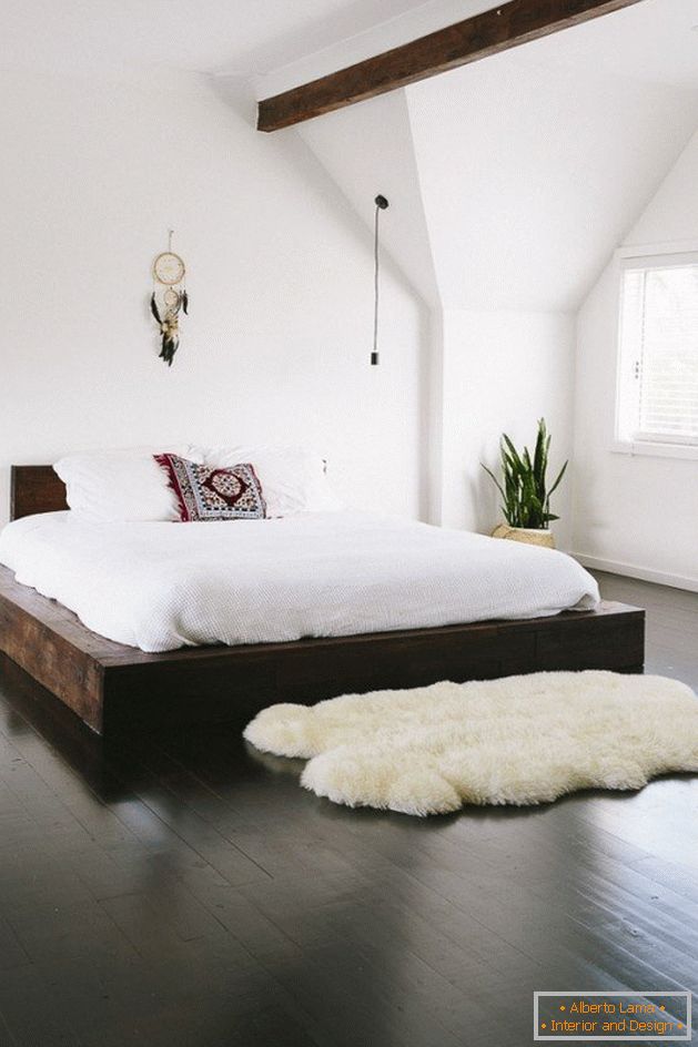 Design della camera da letto con pavimento scuro