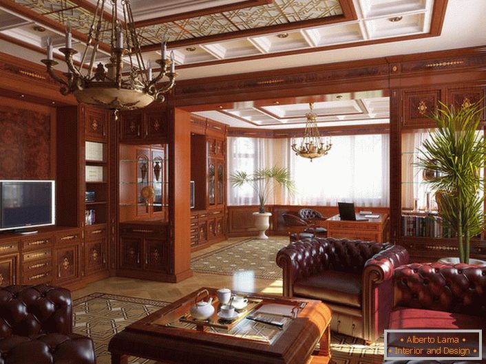 Il soggiorno in stile inglese è decorato principalmente con l'uso del legno nobile.