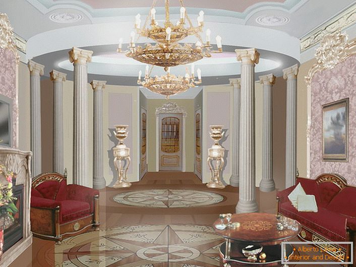 Majestic massicci mobili in legno con tappezzeria lussureggiante e un tavolino da caffè in tono - camera per gli ospiti arredata in modo appropriato in stile barocco.