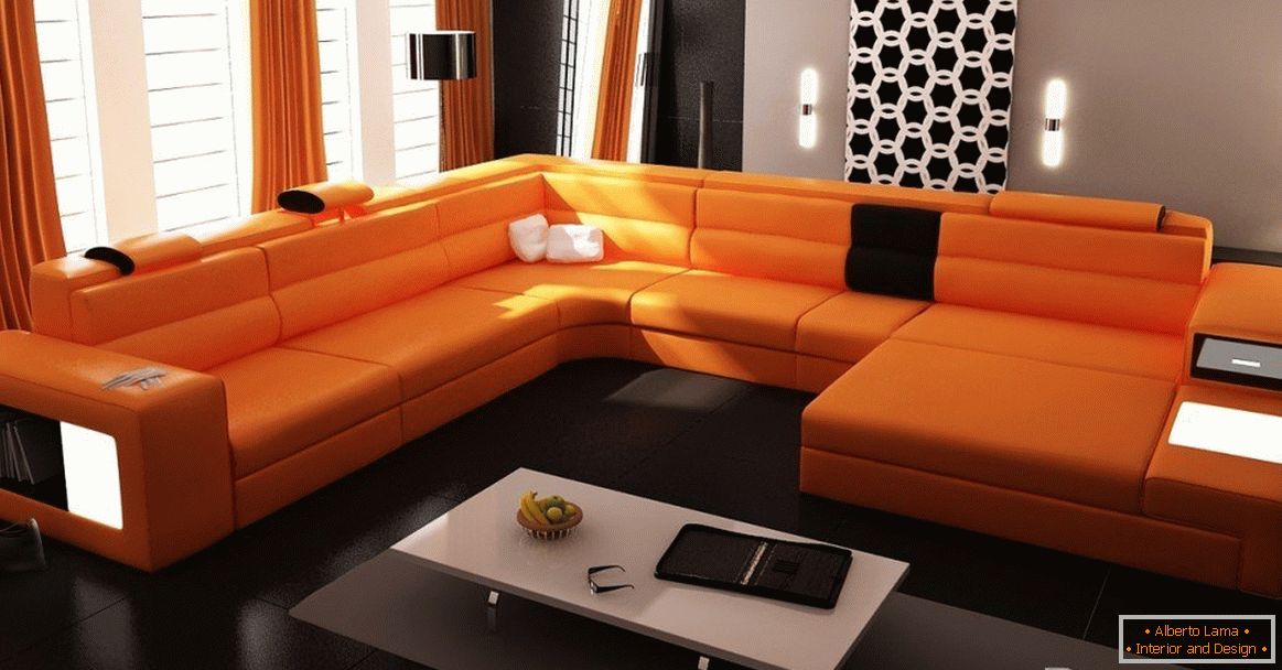 Divano arancione in un soggiorno rigoroso