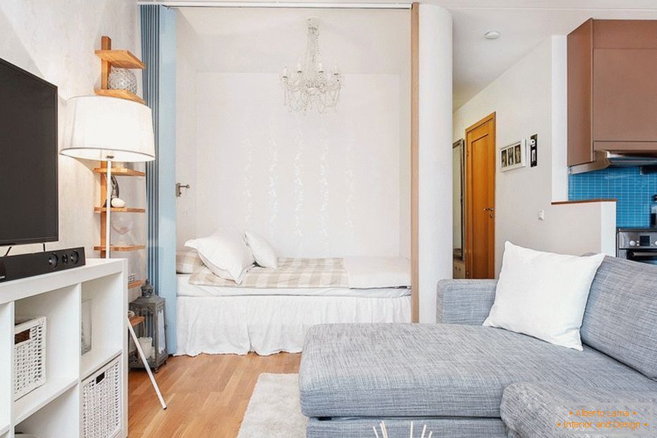 Design di soggiorno e camera da letto в однокомнатной квартире 33 кв м