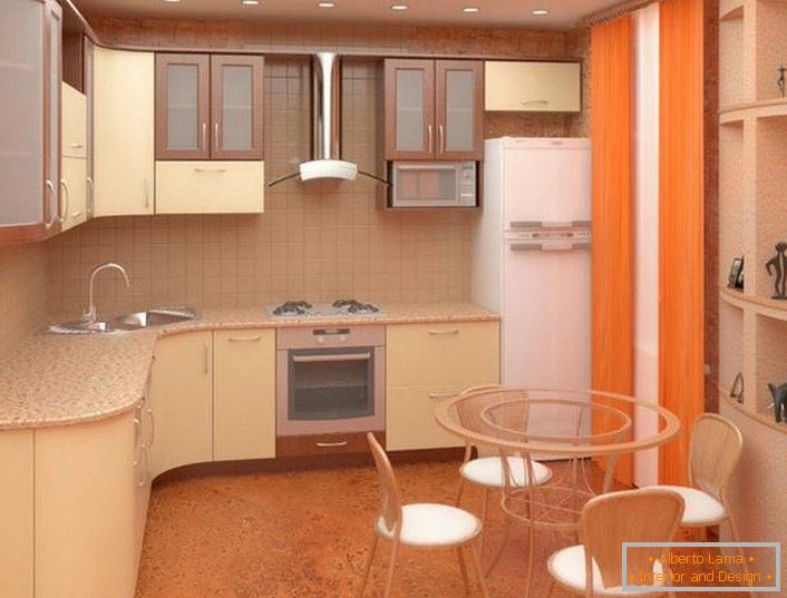 Disposizione dei mobili ergonomica in cucina 11 mq. metri. Tutto è abbastanza moderato, le dimensioni dell'auricolare sono commisurate alle dimensioni della stanza.
