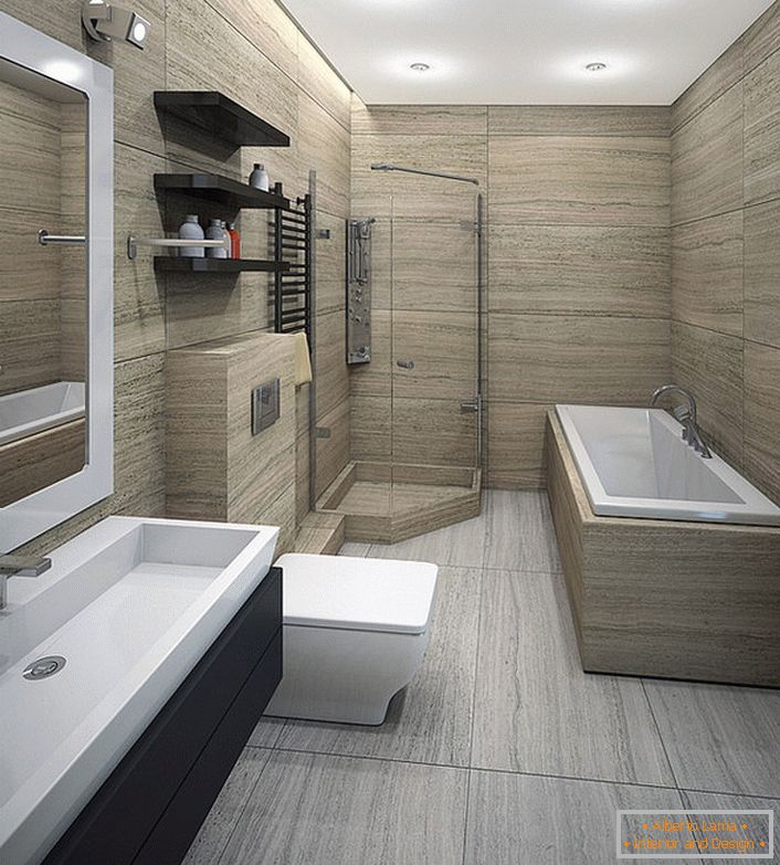 Un ampio bagno minimalista è adatto per gli amanti della doccia e per coloro che preferiscono fare il bagno.