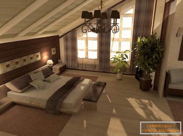 Design moderno della camera da letto in mansarda nella casa di campagna