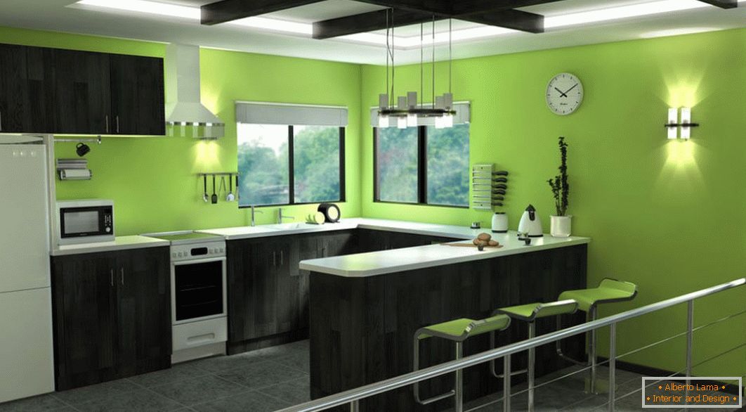 Cucina verde con mobili neri