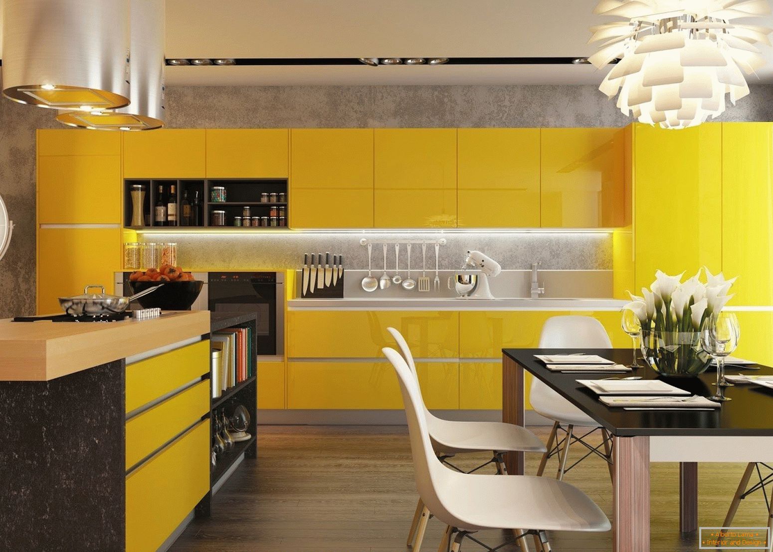 cucina с желтыми фасадами и черным столом