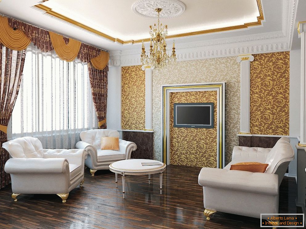 Sfumature di oro e bianco all'interno del soggiorno